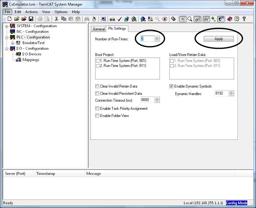 Enable additional TwinCAT PLC runtimes on the PLC Settings tab. Hit the Apply button to activate the setting. 